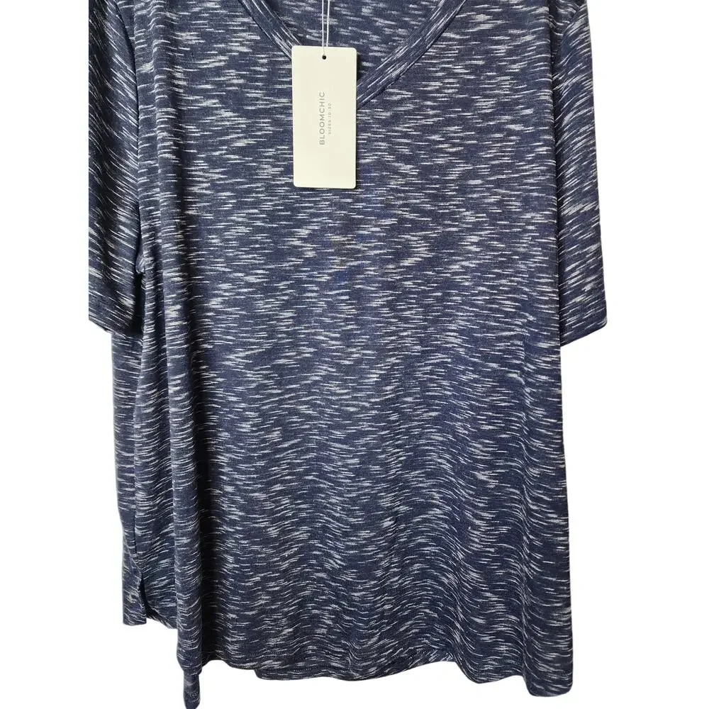 BloomChic 2X Marled V-Neck Tee, NWT, Navy Blue